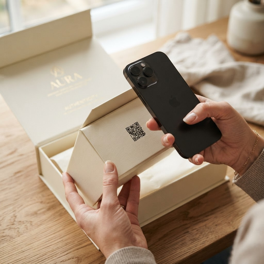 Kutunun içindeki QR kodunu telefonla okuyan bir el